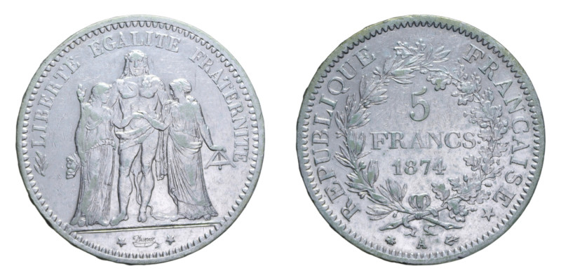 FRANCIA REPUBBLICA 5 FRANCS 1874 A AG. 24,99 GR. BB