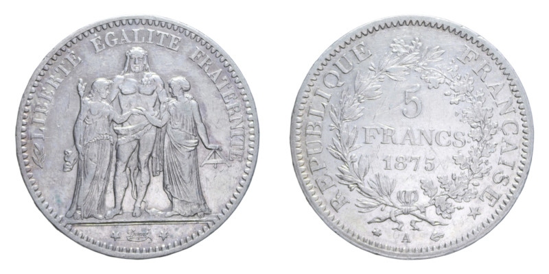 FRANCIA REPUBBLICA 5 FRANCS 1875 A AG. 24,99 GR. BB+