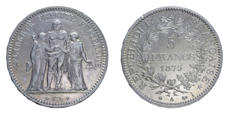 FRANCIA REPUBBLICA 5 FRANCS 1875 A AG. 24,94 GR. BB+