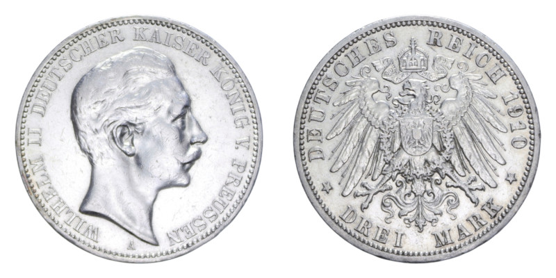 GERMANIA PRUSSIA WILHELM II 3 MARK 1910 A AG. 16,63 GR. BB/BB-SPL