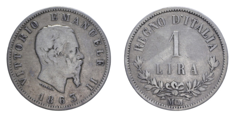 ITALIA VITT. EMANUELE II 1 LIRA 1863 MILANO VALORE AG. 4,86 GR. MB-BB/qBB