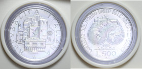 500 LIRE 1985 COLLEGIO MONDO UNITO ADRIATICO AG. 11 GR. IN CONFEZIONE FDC