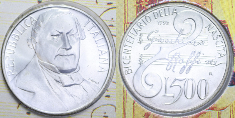 500 LIRE 1992 ROSSINI AG. 15 GR. IN FOLDER FDC