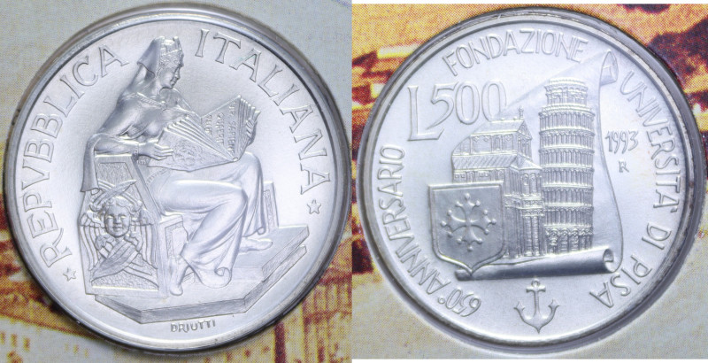 500 LIRE 1993 UNIVERSITA' DI PISA AG. 15 GR. IN FOLDER FDC