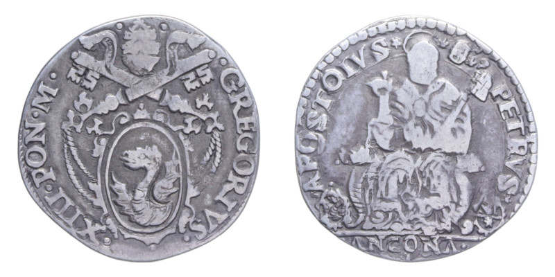 ANCONA GREGORIO XIII (1572-1585) TESTONE AG. 8,29 GR. MIR. 1204/1 C BB