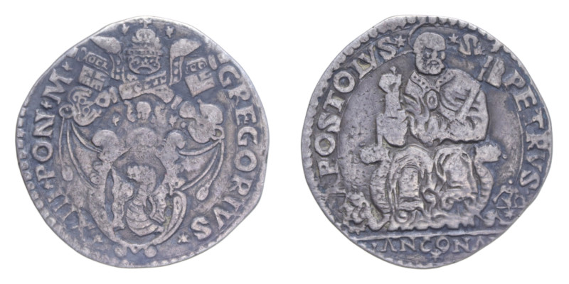 ANCONA GREGORIO XIII (1572-1585) TESTONE AG. 9,08 GR. MIR. 1204/5 C BB