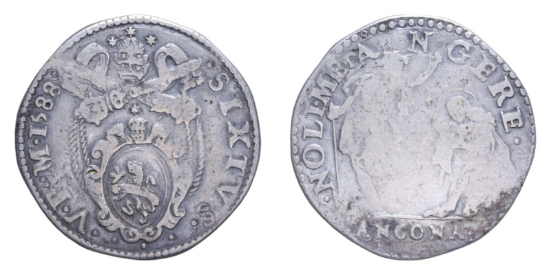 ANCONA SISTO V (1585-1590) TESTONE 1588 AG. 8,98 GR. MIR. 1336/17 R qBB