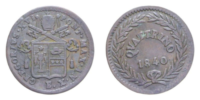 BOLOGNA GREGORIO XVI (1831-1846) QUATTRINO 1840 CU. 1,84 GR. MIR 3112/8 R BB/BB+