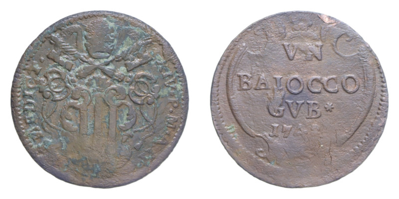 GUBBIO BENEDETTO XIV (1740-1758) UN BAIOCCO 1742 CU. 12,75 GR. MIR. 2654/8 R qBB