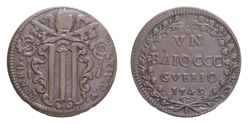 GUBBIO BENEDETTO XIV (1740-1758) UN BAIOCCO 1749 CU. 10,65 GR. MIR. 2654/48 NC B...