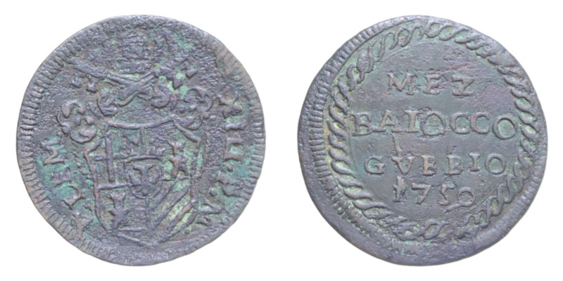 GUBBIO CLEMENTE XIII (1758-1769) MEZZO BAIOCCO 1759 CU. 5,26 GR. MIR. 2726/1 RRR...