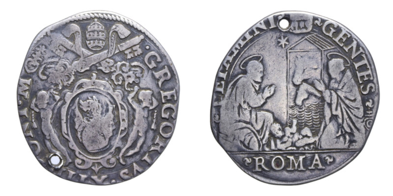 ROMA GREGORIO XIII (1572-1585) TESTONE AG. 7,54 GR. MIR. 1121/1 RR qBB (FORO)