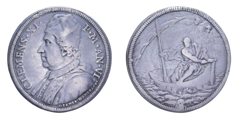 ROMA CLEMENTE XI (1700-1721) PIASTRA AN. VI AG. 31,07 GR. MIR. 2265/1 RRR qBB