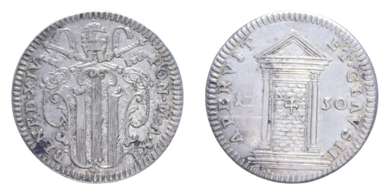 ROMA BENEDETTO XIV (1740-1758) GROSSO 1750 AN. XI AG. 1,17 GR. MIR. 2582/2 NC BB