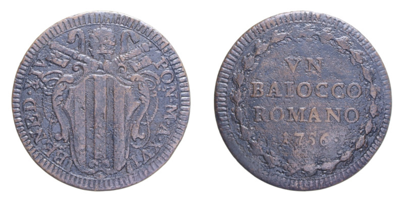 ROMA BENEDETTO XIV (1740-1758) UN BAIOCCO 1756 AN. XVI CU. 11,39 GR. MIR. 2622/3...