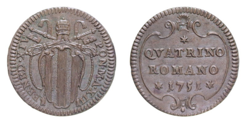 ROMA BENEDETTO XIV (1740-1758) QUATTRINO 1751 CU. 2,65 GR. MIR. 2625/1 R SPL