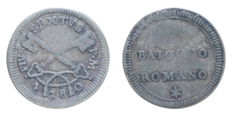 ROMA PIO VI (1775-1799) BAIOCCO 1780 MI. 0,81 GR. MIR. 2790/1 R qBB