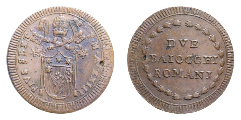 ROMA PIO VI (1775-1799) DUE BAIOCCHI AN. XXIII CU. 21,77 GR. MIR. 2800/1 R BB+