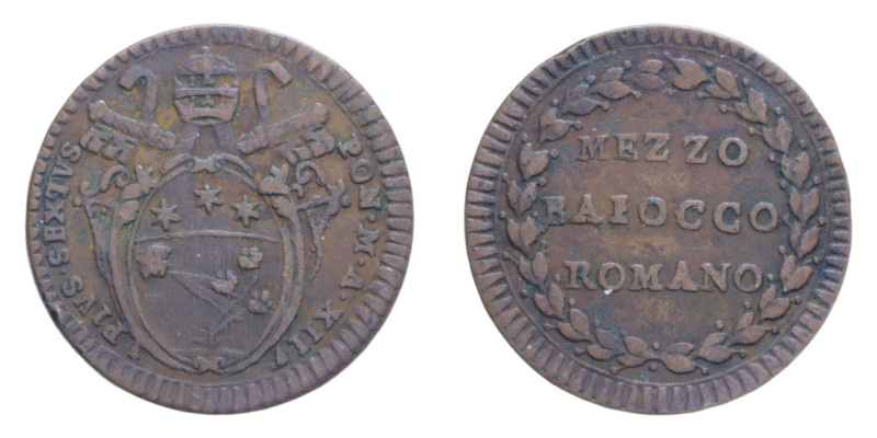 ROMA PIO VI (1775-1799) MEZZO BAIOCCO AN. XII CU. 5,77 GR. MIR. 2793/5 C BB