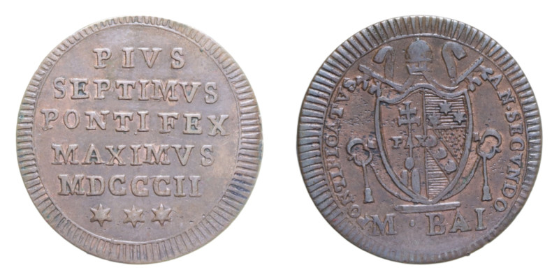 ROMA PIO VII (1800-1823)MEZZO BAIOCCO 1802 CU. 6,01 GR. MIR. 3042/1 C BB+