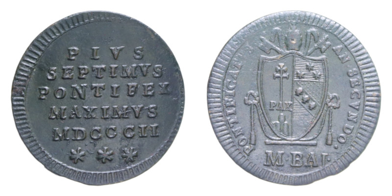 ROMA PIO VII (1800-1823)MEZZO BAIOCCO 1802 CU. 6,32 GR. MIR. 3042/1 C BB+