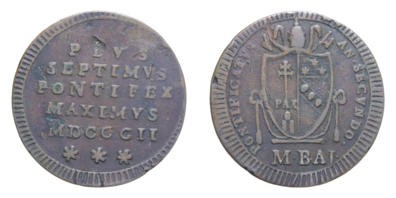 ROMA PIO VII (1800-1823)MEZZO BAIOCCO 1802 CU. 5,52 GR. MIR. 3042/1 C BB (COLPI)