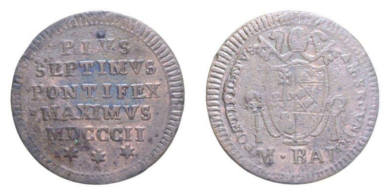 ROMA PIO VII (1800-1823)MEZZO BAIOCCO 1802 CU. 5,62 GR. MIR. 3042/1 C qBB