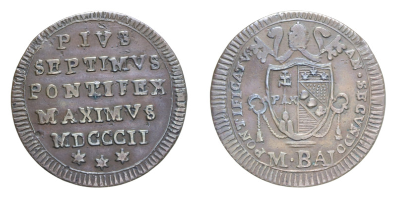 ROMA PIO VII (1800-1823)MEZZO BAIOCCO 1802 CU. 5,35 GR. MIR. 3042/2 C BB