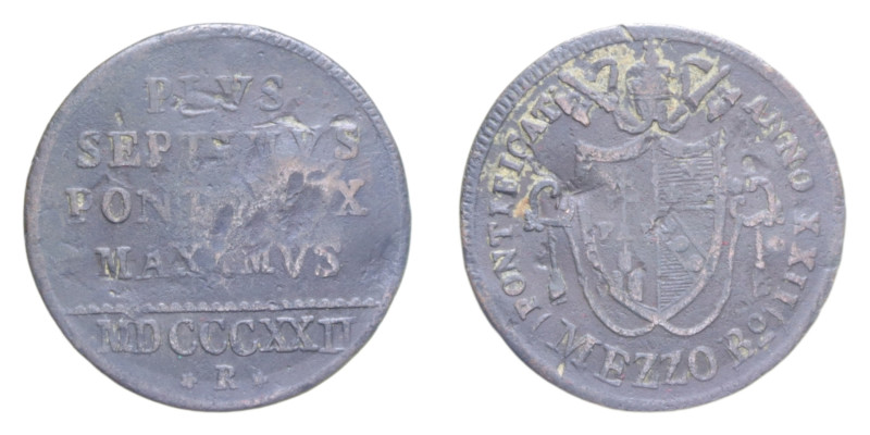 ROMA PIO VII (1800-1823)MEZZO BAIOCCO 1822 CU. 5,68 GR. MIR. 3053/1 R MB-BB