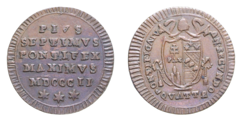 ROMA PIO VII (1800-1823) QUATTRINO 1802 CU. 2,38 GR. MIR. 3043/2 C BB-SPL