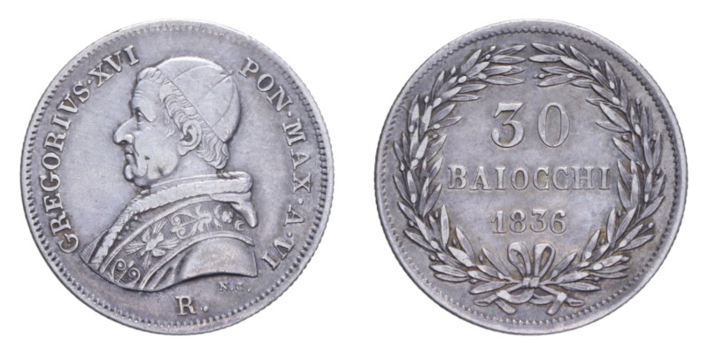 ROMA GREGORIO XVI (1831-1846) 30 BAIOCCHI 1836 AG. 8,01 GR. MIR 3105/2 R BB/BB+