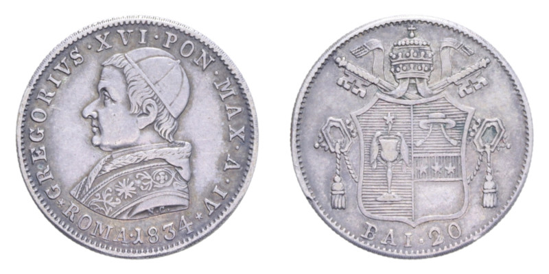 ROMA GREGORIO XVI (1831-1846) 20 BAIOCCHI 1834 AG. 5,24 GR. MIR 3096/1 NC BB+