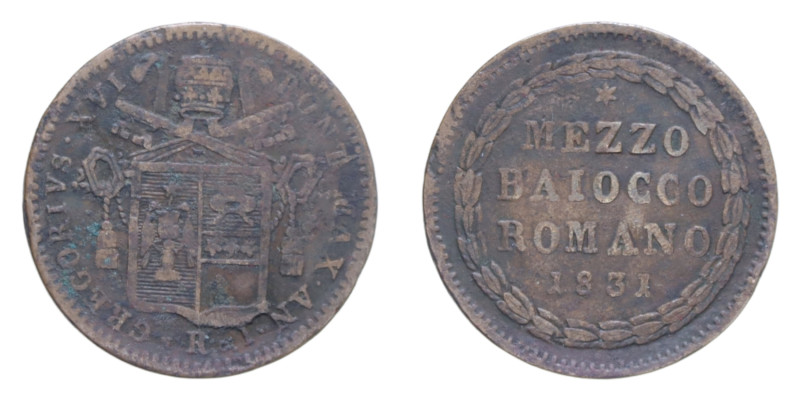 ROMA GREGORIO XVI (1831-1846) MEZZO BAIOCCO 1831 CU. 5,64 GR. MIR 3098/1 C MB-BB