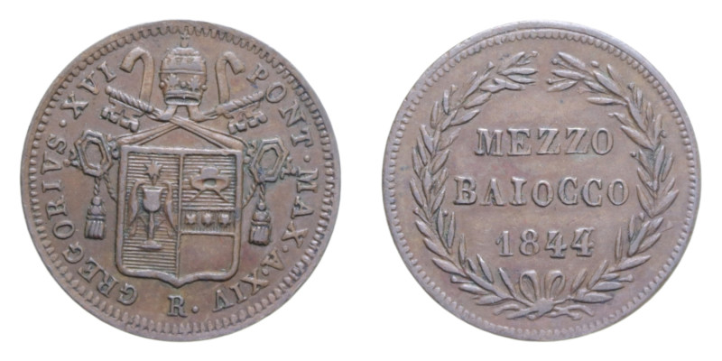 ROMA GREGORIO XVI (1831-1846) MEZZO BAIOCCO 1844 CU. 4,80 GR. MIR 3111/28 C BB+