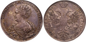 Rouble 1725 CПБ. Mmk at end of obverse legend,
two ornaments beneath eagle’s tail. Bit 85, Diakov 19, Sev 720 (R). Authenticated and graded by NGC AU...