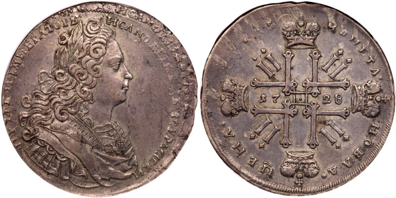 Peter II, 1727-1730
Rouble 1728. Moscow, Kadashevsky mint.
Pellet after IMПEPA...