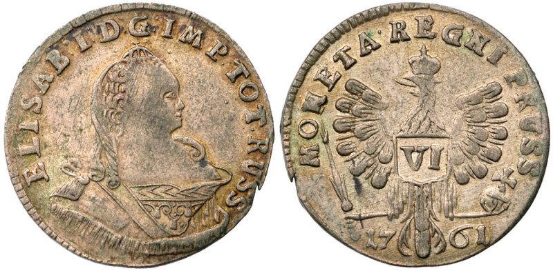 VI Groschen 1761. Königsberg. 3.07 gm.
Two hair locks on shoulder. Eagle's righ...