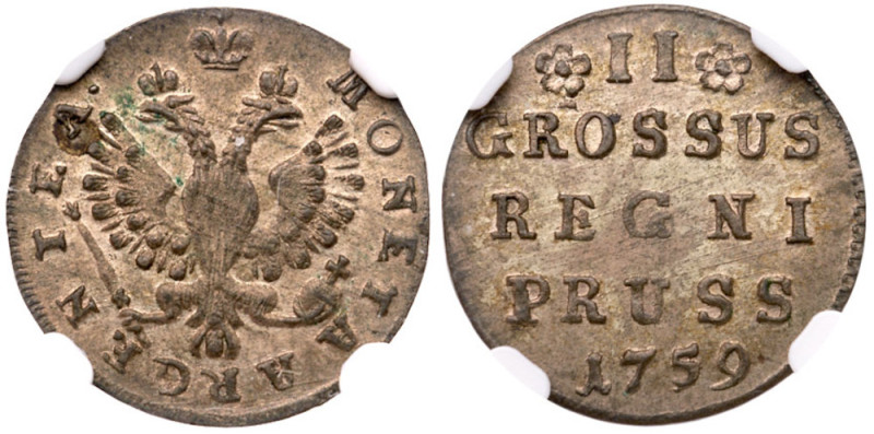 II Groschen 1759. Königsberg. 1.43 gm.
Numerals in value II close together. Old...