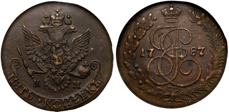 5 Kopecks 1787 KM.
Bit 793, B 262. Authenticated and graded by NGC AU 58 BN. Ri...