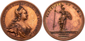 Victories over Turkey, 1770. Medal. Bronze. 45 mm.
By J.L. Oexlein. Diakov 149.1 (R2), Sm 267. Crowned and mantled bust right / Pallas standing ¾ rig...