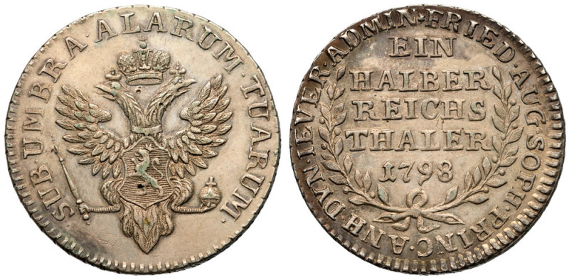 JEVER
½ Taler, 1798 J.
11.09 gm. Bit 2 (R1), Sev 2493 (R). Dig below crown and...