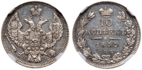 10 Kopecks 1844 CПБ-KБ.
Bit 367, Sev 3442. Authenticated and graded by NGC MS 61 PL. Lightly toned. Prooflike strike.