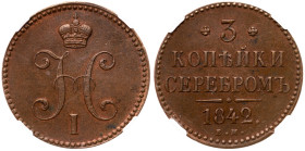 3 Kopecks 1842 EM.
Bit 541, B 211. Authenticated and graded by NGC AU 50 BN (# 4501440-011). Brown with soft orange hues. About uncirculated.