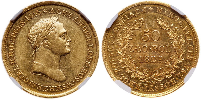 Russo-Polish Issues
50 Zlotych 1829 FH. GOLD.
Bit 978, Fr 109. Authenticated a...