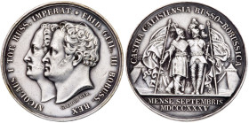Russo-Prussian Maneuvers, 1835. Medal. Silver.
33 mm. By A.L. Held. Diakov 524.1 (R1), Reichel 3614 (R1). Conjoined heads of Nicholas I and Friedrich...