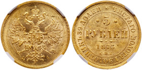 Alexander II, 1855-1881
5 Roubles 1873 СПБ-НI. GOLD.
Bit 21, Fr 163. Authenticated and graded by NGC MS 62. Brilliant uncirculated.