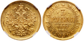 3 Roubles 1875 CПБ-HI. GOLD.
Bit 37 (R), Fr 164. 100,003 pieces minted. Authenticated and graded by NGC MS 60. (# 6349791-010).Good lustre. Uncircula...