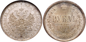 Rouble 1878 CПБ-HΦ.
Bit 92, Sev 3889. Authenticated and graded by NGC MS 64 (Pre-2008 holder, # 302737-019). Light steely gray with bold lustre. Very...