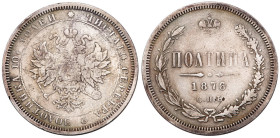 Poltina 1876 CΠБ. No moneyer’s initials.
Bit 122 (R1), Ilyin (8 Rubl.), S 3855 (R). Rare. Tiny reverse dig. Fine.
Ex The New York Sale” XLI. Jan 12,...
