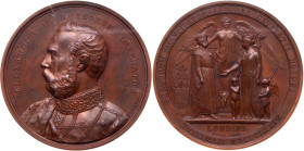 Emperor Alexander II State Visit to London. 1874.
Medal. Bronze. 77 mm. By C. Wienner. Bust of Alexander II left. / Mantled figures of Alexander in a...